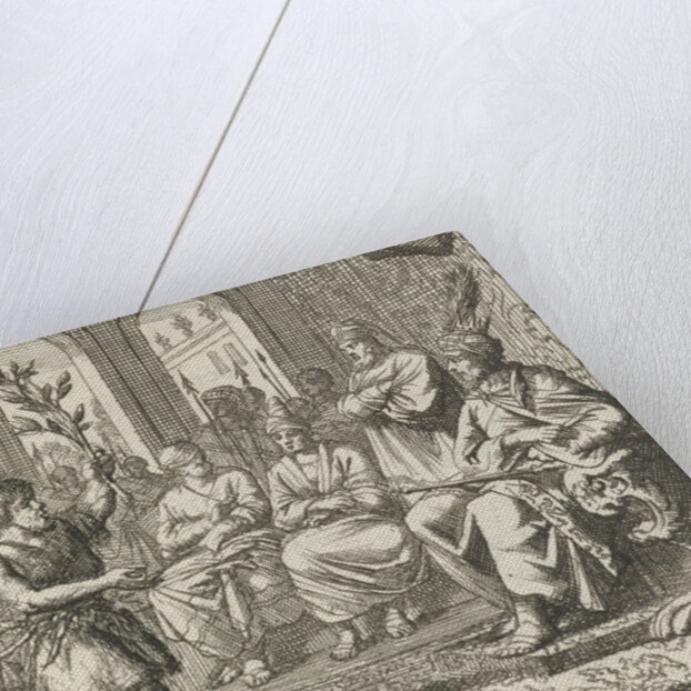 Farmer speaks with an olive branch in hand to the prince and his advisers by Aart Wolsgrein