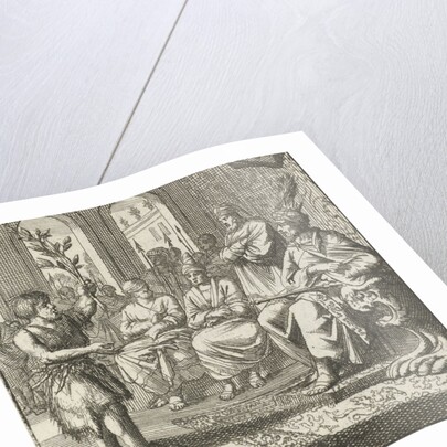 Farmer speaks with an olive branch in hand to the prince and his advisers by Aart Wolsgrein