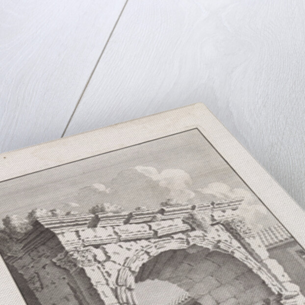 Ruins of a Roman gate with two men by Bonaventura van Overbeek