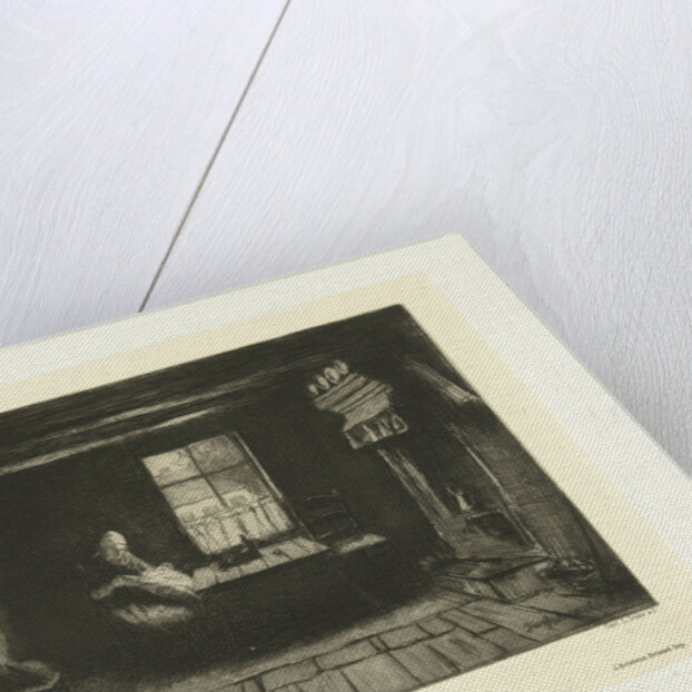Peasant Woman sitting sewing in interior with a window by J. Bouwens