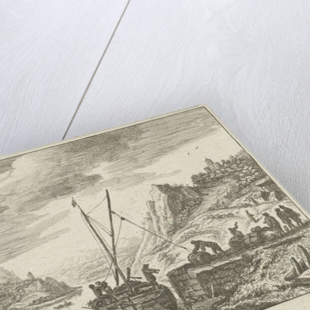 River view with men loading drums on a sailing ship by Herman Saftleven