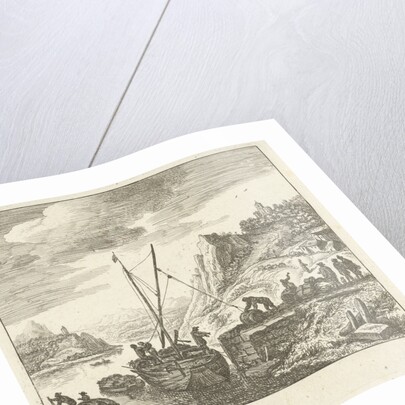 River view with men loading drums on a sailing ship by Herman Saftleven