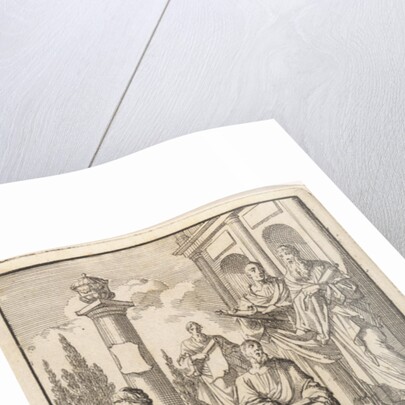 Six scholars with rolls of parchment on the stairs of a temple by Jan Luyken
