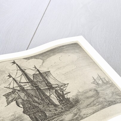 Sailing threemaster and a rocky coast with trees by Salomon Savery