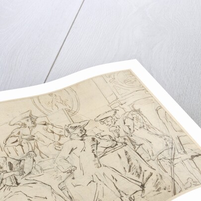 Four men and a lady around a table in a room by Anonymous