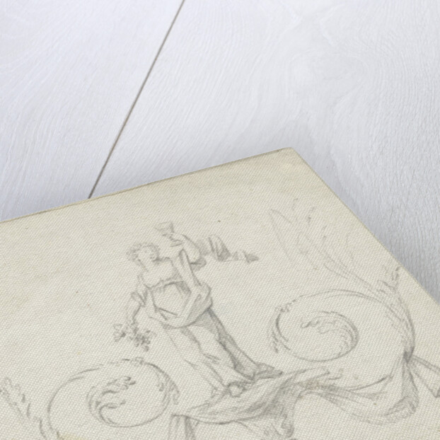 Design for room decoration with a panel with a maenad on two volutes by Abraham Meertens