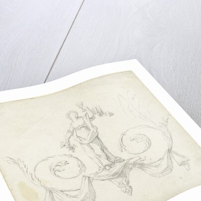 Design for room decoration with a panel with a maenad on two volutes by Abraham Meertens