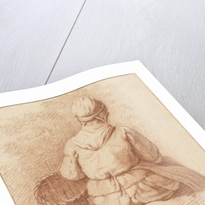 Sitting fisherman's wife with a basket on her arm by Seen from the back