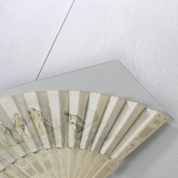Folding fan with double sheet of white satin painted with oil on which we see a scene of five people dressed as 17th century musketeers by Anonymous