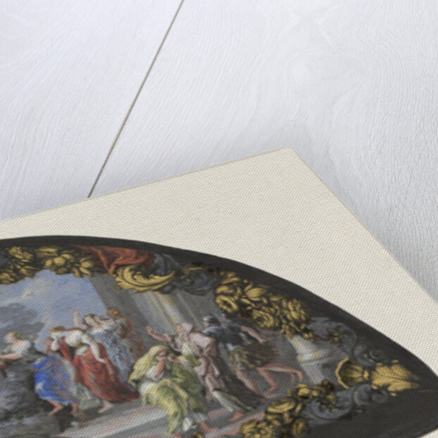 Folding fan, tempera and India ink 'Dido at the stake' painted surrounded by a heavy ornamental border. by Paul Androuet Ducerceau