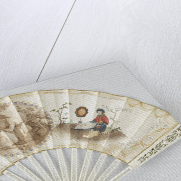 Folding fan with double sheet of paper on which a round, cut stipple engraving depicting a seated woman surrounded by lovers on both sides with a chinoiserie figure with silk clothes by Anonymous