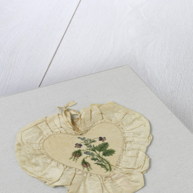 Bag made of durable two hearts lined with velvet, painted with flowers, surrounded by a border of cream-colored wrinkled sil by Anonymous