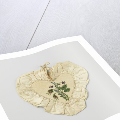 Bag made of durable two hearts lined with velvet, painted with flowers, surrounded by a border of cream-colored wrinkled sil by Anonymous