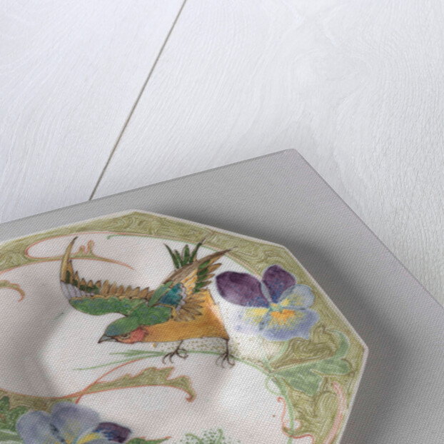 Dish, part of a set, painted with bird and violins by C.W.J. 't Hart