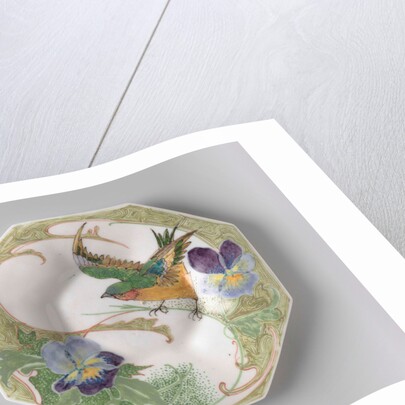 Dish, part of a set, painted with bird and violins by C.W.J. 't Hart