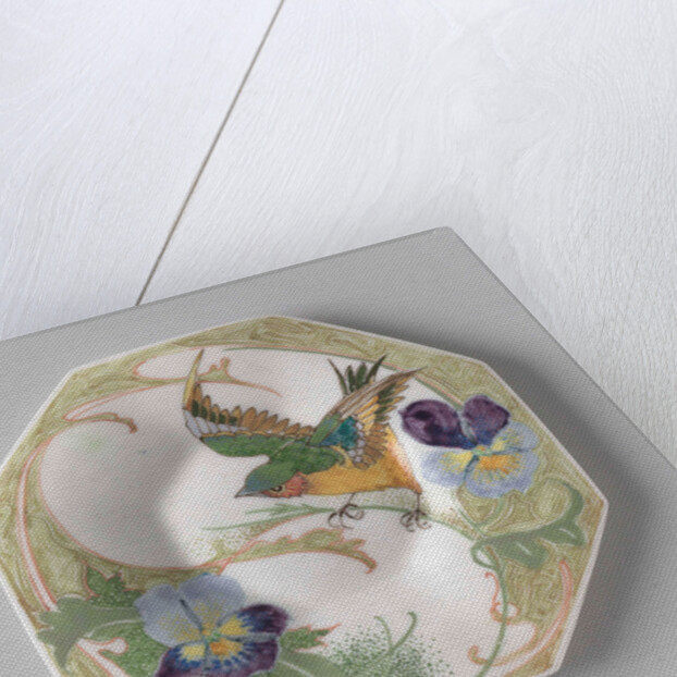 Dish, part of a set, painted with bird and violins by C.W.J. 't Hart