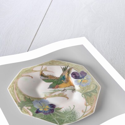 Dish, part of a set, painted with bird and violins by C.W.J. 't Hart