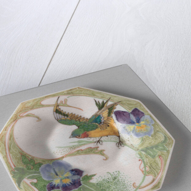 Dish, part of a set, painted with bird and violins by C.W.J. 't Hart