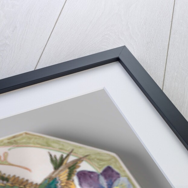 Dish, part of a set, painted with bird and violins by C.W.J. 't Hart