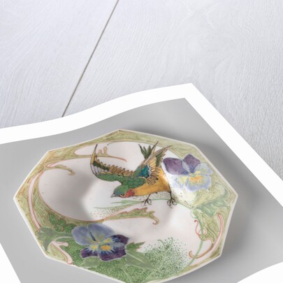 Dish, part of a set, painted with bird and violins by C.W.J. 't Hart