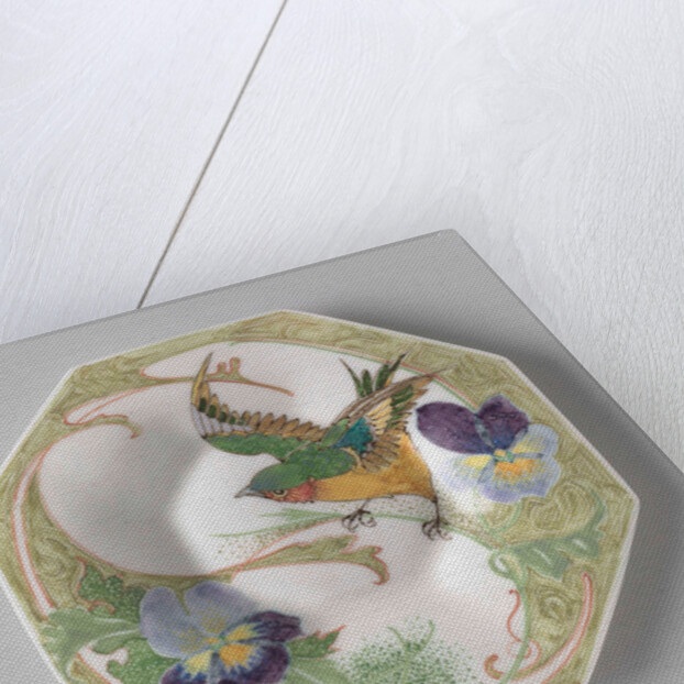 Dish, part of a set, painted with bird and violins by C.W.J. 't Hart