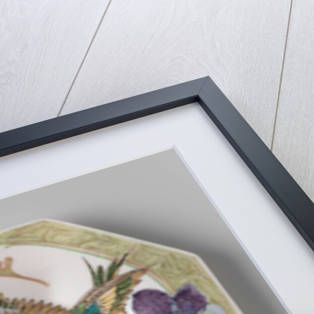 Dish, part of a set, painted with bird and violins by C.W.J. 't Hart