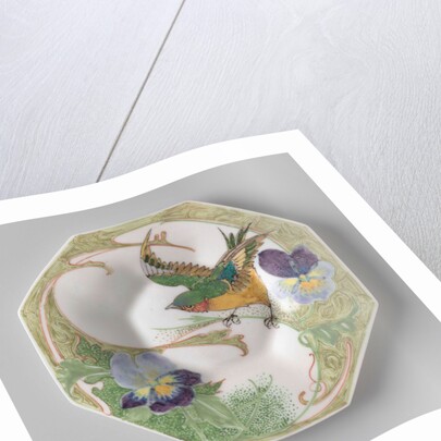 Dish, part of a set, painted with bird and violins by C.W.J. 't Hart