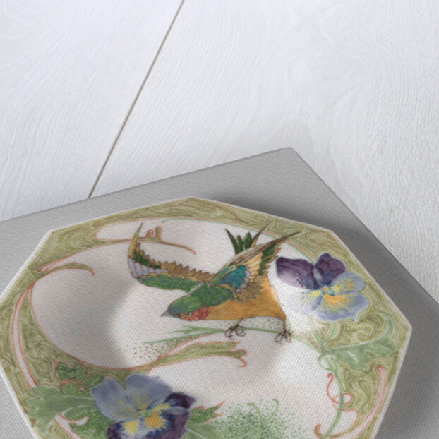 Dish, part of a set, painted with bird and violins by C.W.J. 't Hart