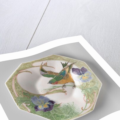 Dish, part of a set, painted with bird and violins by C.W.J. 't Hart