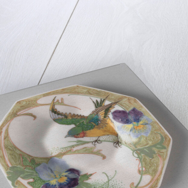 Dish, part of a set, painted with bird and violins by C.W.J. 't Hart