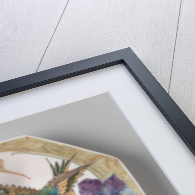 Dish, part of a set, painted with bird and violins by C.W.J. 't Hart