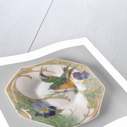 Dish, part of a set, painted with bird and violins by C.W.J. 't Hart