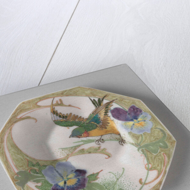 Dish, part of a set, painted with bird and violins by C.W.J. 't Hart