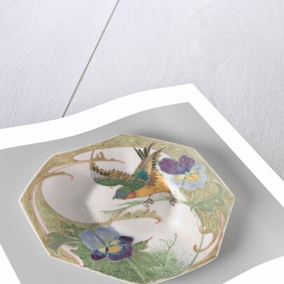 Dish, part of a set, painted with bird and violins by C.W.J. 't Hart