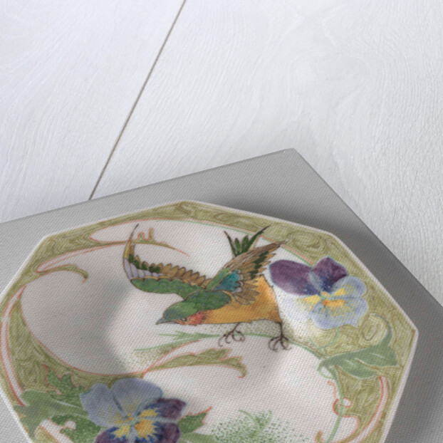 Dish, part of a set, painted with bird and violins by C.W.J. 't Hart