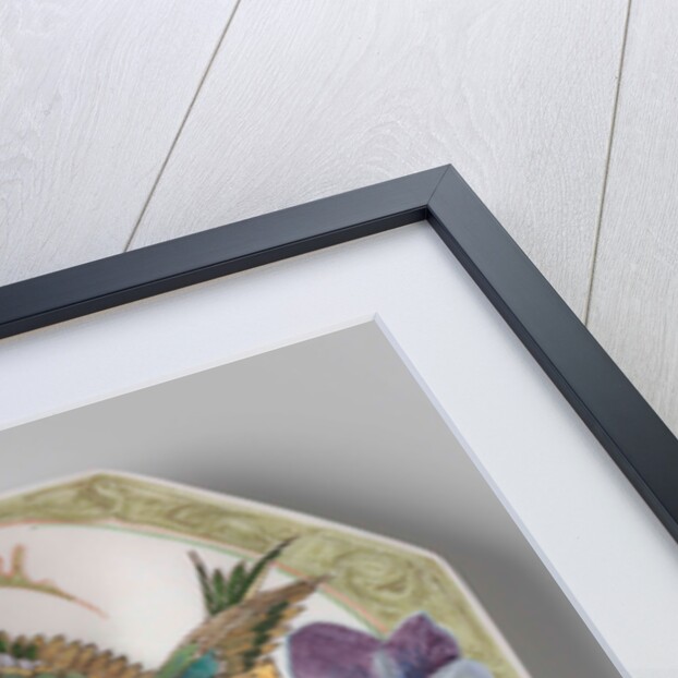 Dish, part of a set, painted with bird and violins by C.W.J. 't Hart