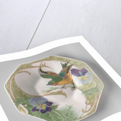 Dish, part of a set, painted with bird and violins by C.W.J. 't Hart