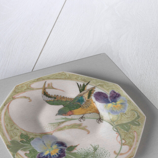 Dish, part of a set, painted with bird and violins by C.W.J. 't Hart