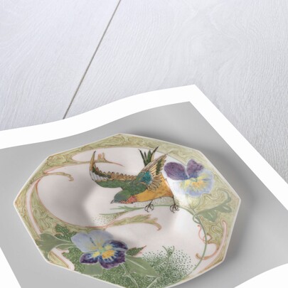 Dish, part of a set, painted with bird and violins by C.W.J. 't Hart