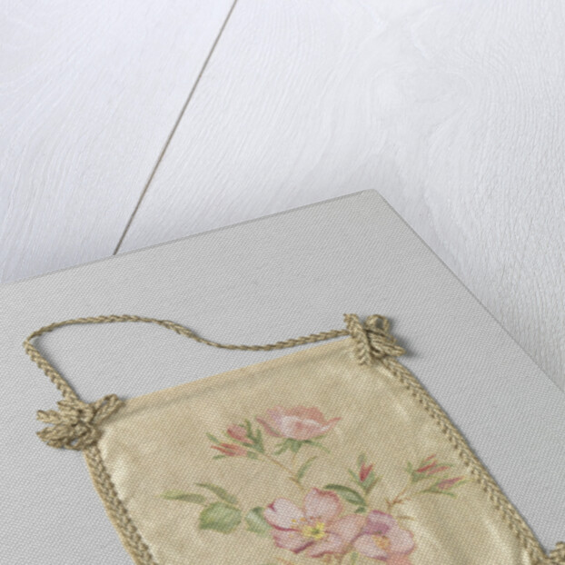 Single leaf of a pouch of ivory satin, on which in watercolor green branches and pink flowers by Anonymous