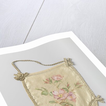 Single leaf of a pouch of ivory satin, on which in watercolor green branches and pink flowers by Anonymous