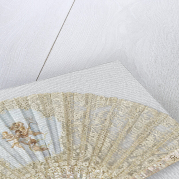Folding fan with a sheet of tulle, on which bobbin and needle lace is appliqued and musical angels are painted with tempera, on a pearl frame by Anonymous
