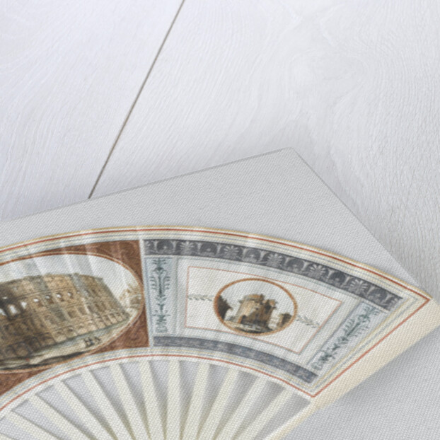 Folding fan with sheet of goatskin, which with gouache the Colosseum, the Baths of Caracalla and the Tomb of Cecilia Metell by Camillo Buti