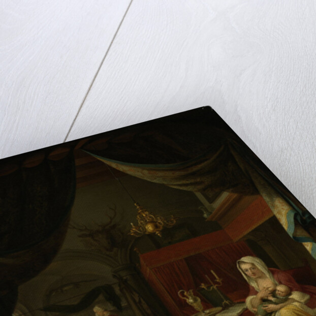 Triptych with an Allegory of Art Education, central panel, The Lying-in Room (A Mother Nursing her Child), a Dentist in the background by Willem Joseph Laquy