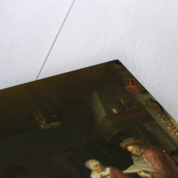 Interior with a man reading and a woman spinning yarn by Domenicus van Tol