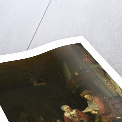 Interior with a man reading and a woman spinning yarn by Domenicus van Tol