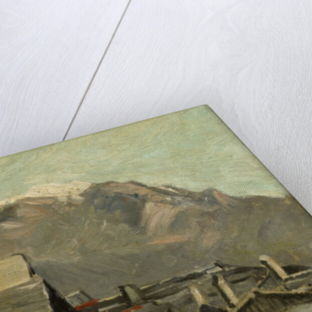 Houses on a road, behind a high mountain (Innsbruck?) by Geo Poggenbeek