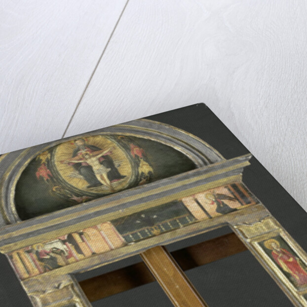 Frame depicting the Annunciation, Baptism of Christ, Entry into Jerusalem, Saints Cecilia and Catherine of Alexandria, Trinity (Gnadenstuhl, Mercy Seat), and four Music-making Angels by Circle of Giovanni di Francesco del Cervelliera