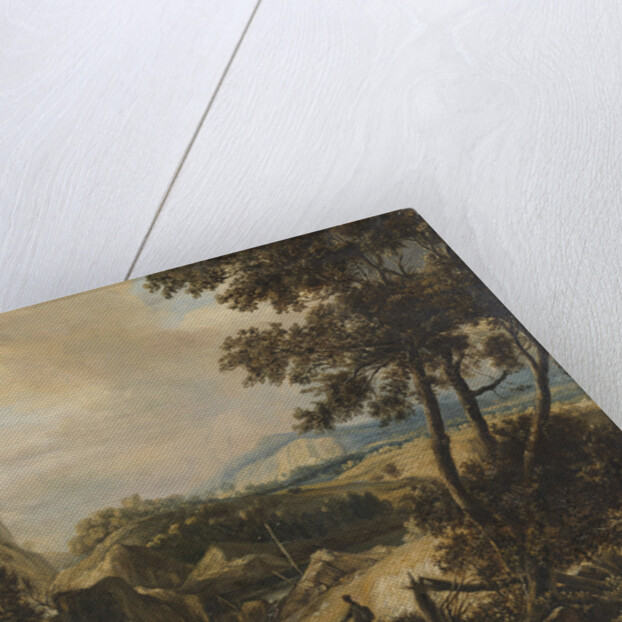 Mountainous landscape with fisherman by Roelant Roghman