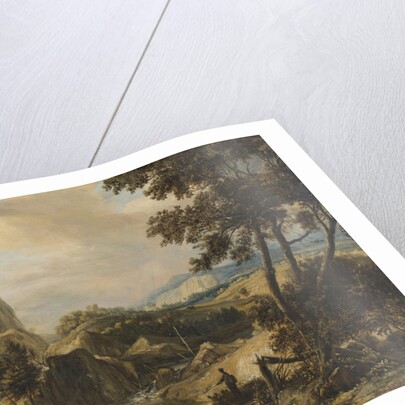 Mountainous landscape with fisherman by Roelant Roghman